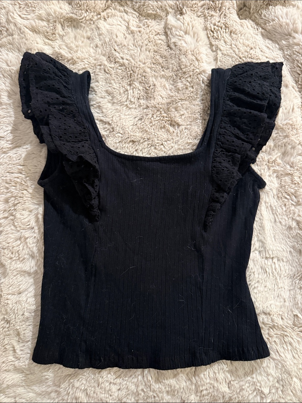 Women's Black Ribbed Tank with Eyelet Ruffle Sleeves